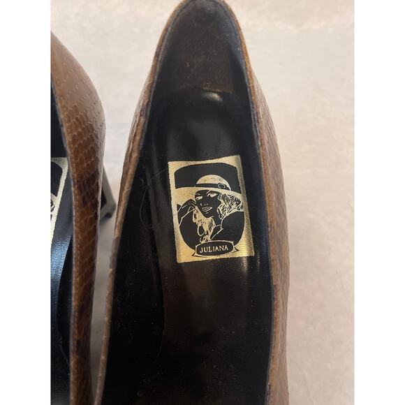 Juliana Leather Hollow Wedge Vintage Size 7.5 M Brown Snake Print Womens Pump - Picture 4 of 11